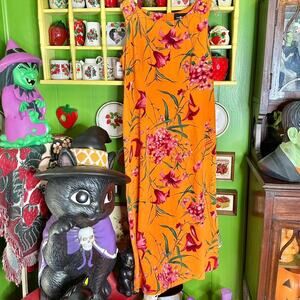 Gorgeous vintage y2k bright vibrant orange and pink floral butterfly maxi dress